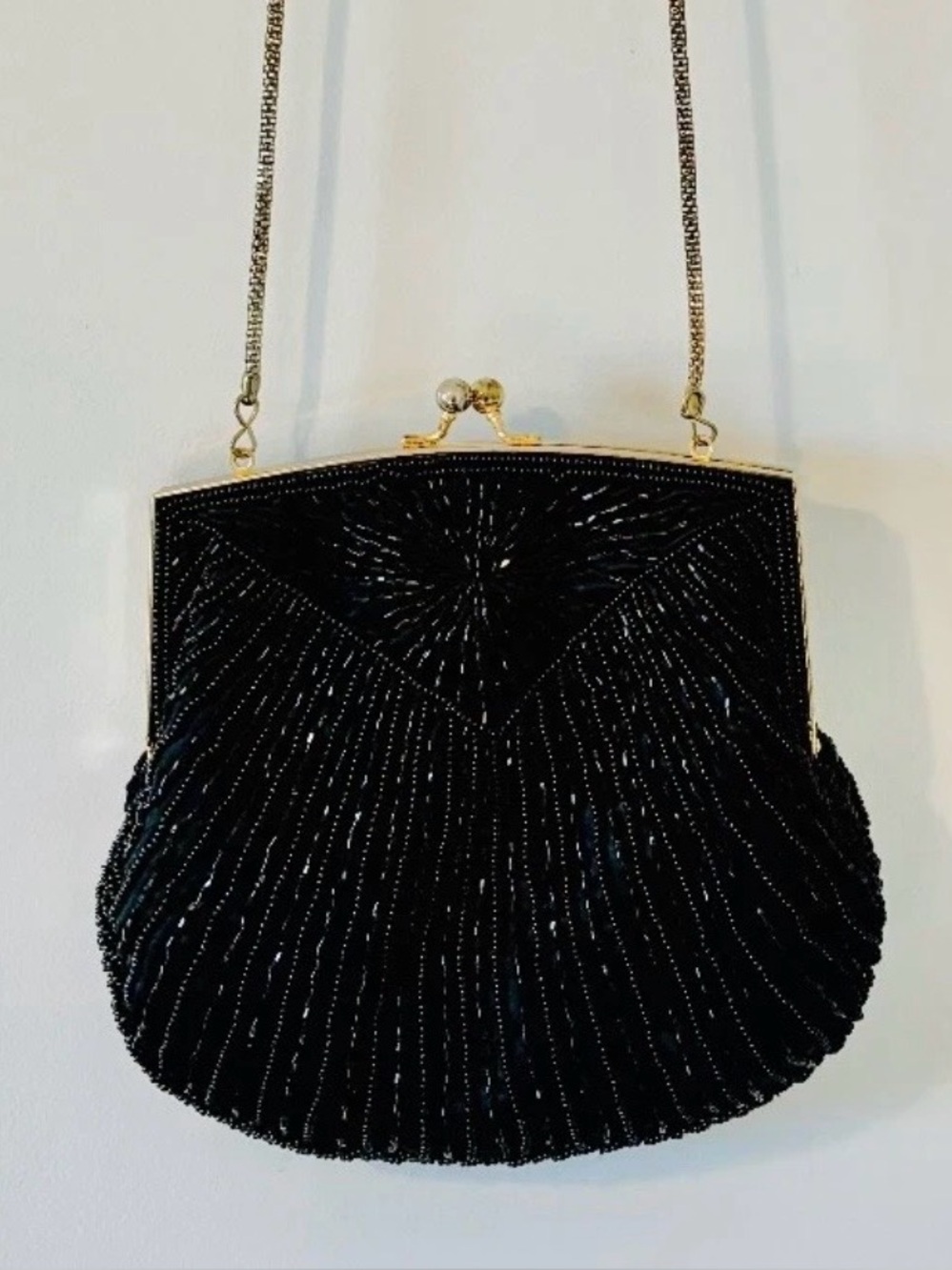 MAGID Women's Black Beaded Evening Bag Gold Chain Strap Kiss Lock